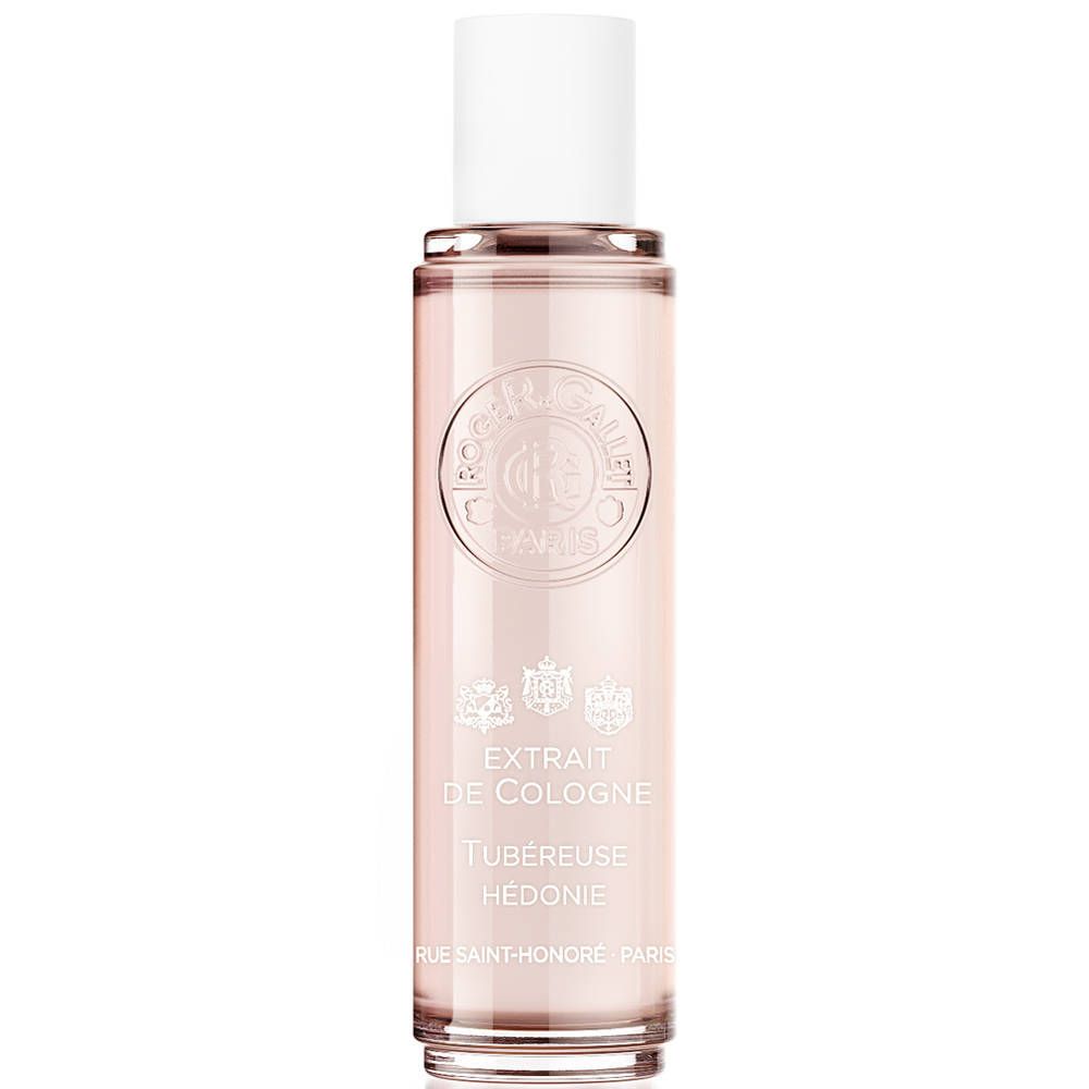 Flacon cylindrique avec bouchon blanc. Inscription: Extrait de Cologne, Tubéreuse Hédonie. Liquide rose.