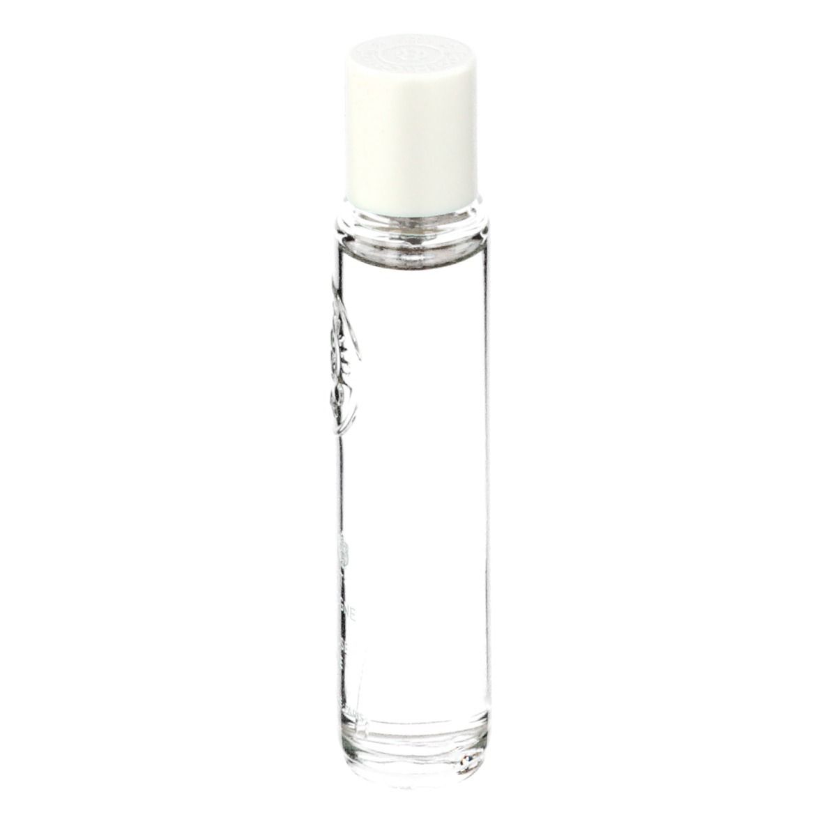 Flacon cylindrique avec bouchon blanc. Inscription: Extrait de Cologne, Tubéreuse Hédonie. Liquide clair.