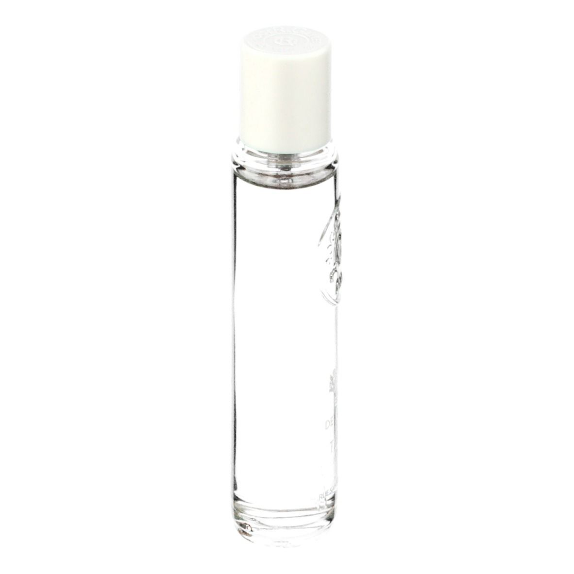 Flacon cylindrique avec bouchon blanc. Inscription: Extrait de Cologne, Tubéreuse Hédonie. Liquide clair.
