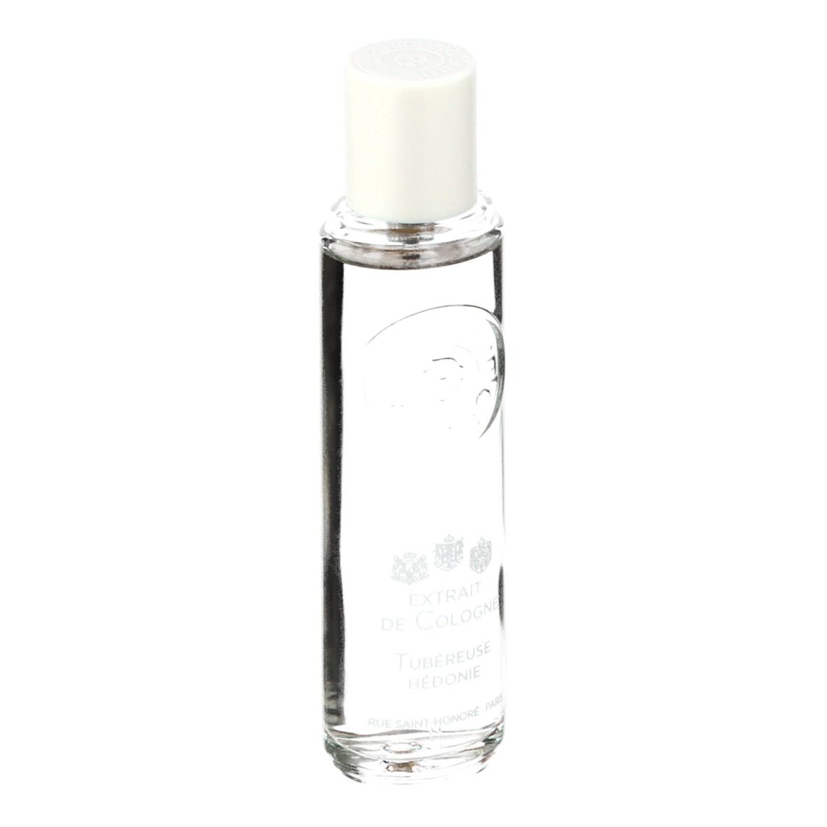Flacon cylindrique avec bouchon blanc. Inscription: Extrait de Cologne, Tubéreuse Hédonie. Liquide clair.