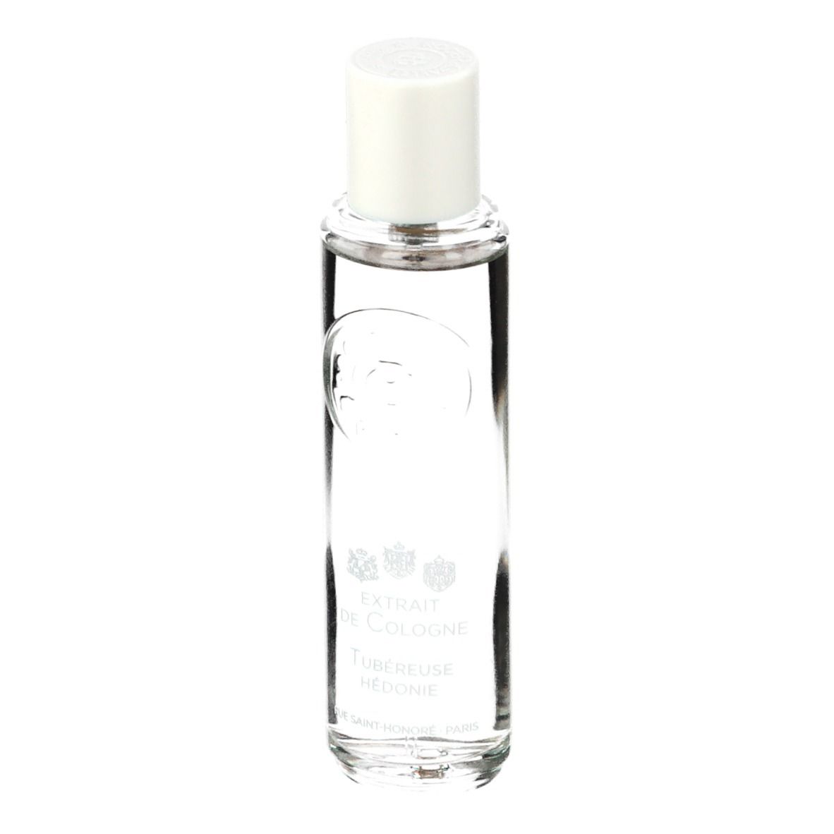 Flacon cylindrique avec bouchon blanc. Inscription: Extrait de Cologne, Tubéreuse Hédonie. Liquide clair.
