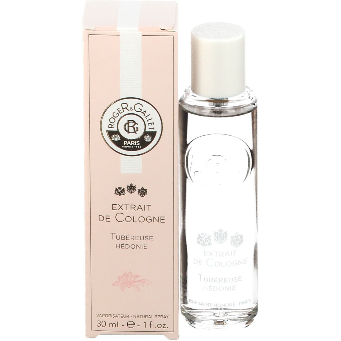 Flacon et emballage. Inscription: Roger & Gallet, Extrait de Cologne, Tubéreuse Hédonie. 30 ml.