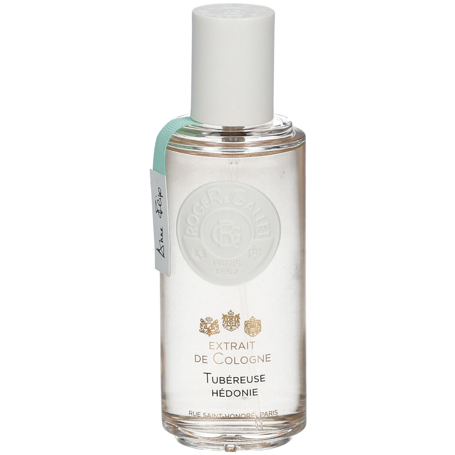 Flacon transparent avec bouchon blanc et étiquette. Inscription: Extrait de Cologne, Tubéreuse Hédonie. Marque: Roger & Gallet.