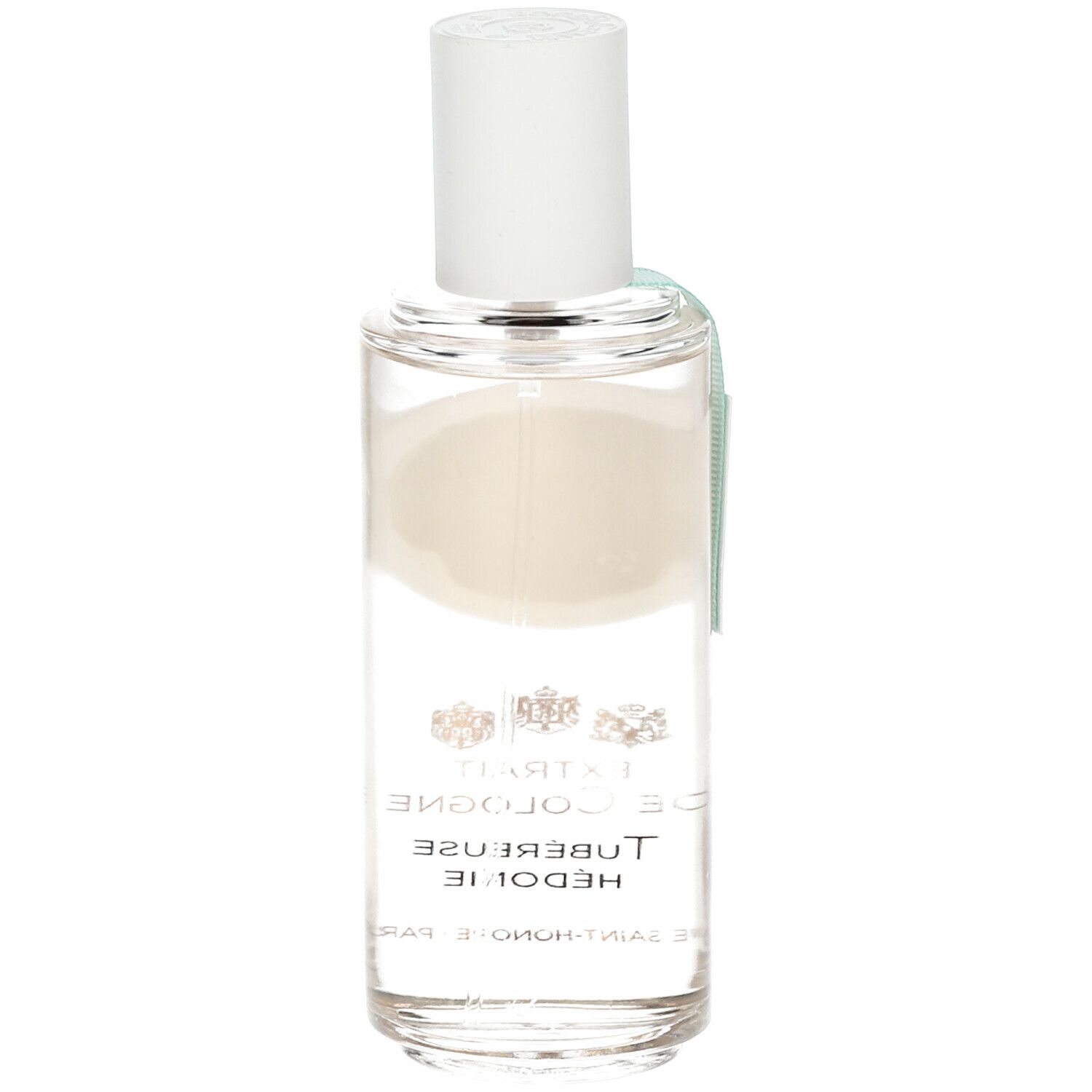 Flacon avec bouchon blanc et étiquette. Inscription: Extrait de Cologne, Tubéreuse Hédonie. Marque: Roger & Gallet. Vue arrière.