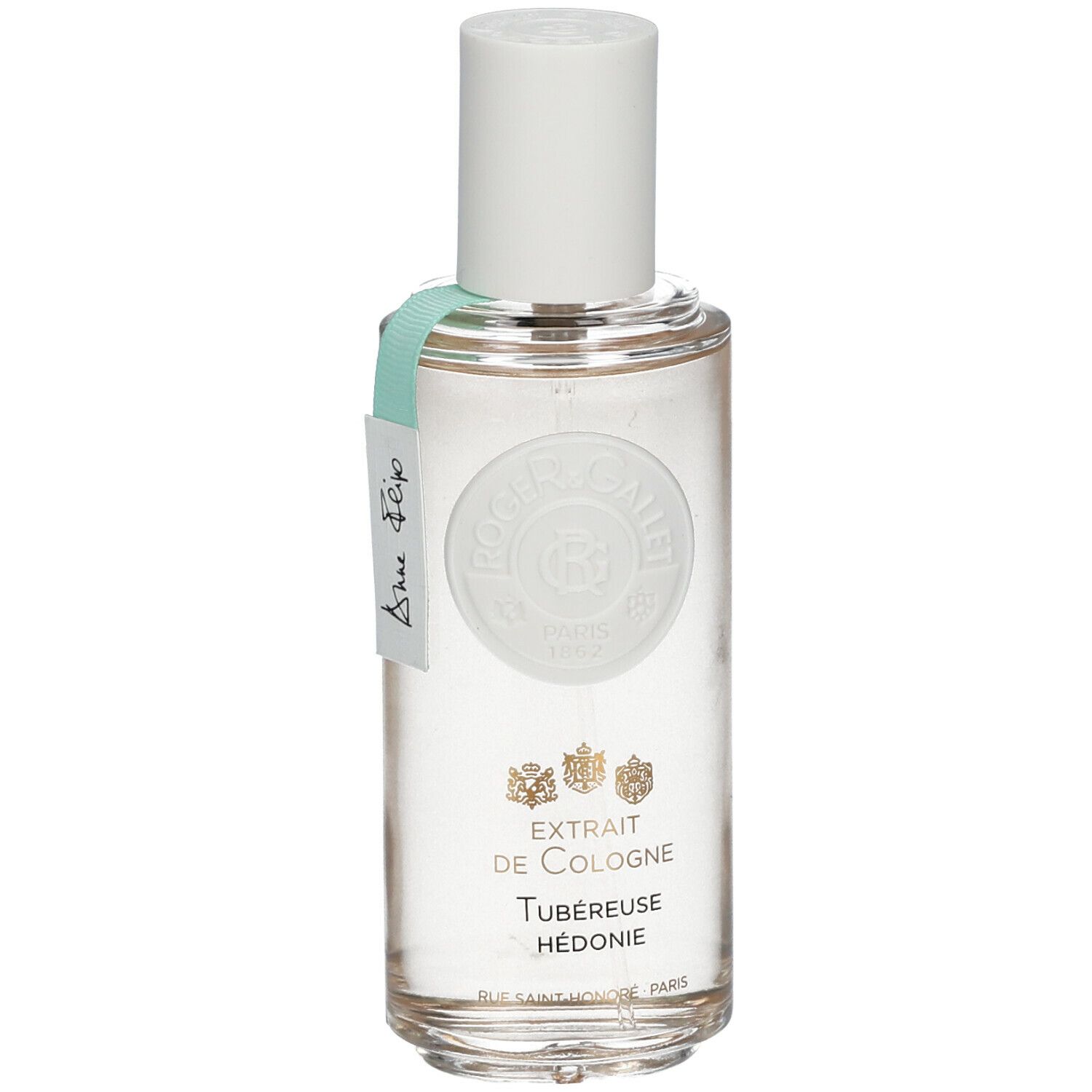 Flacon transparent avec bouchon blanc et étiquette. Inscription: Extrait de Cologne, Tubéreuse Hédonie. Marque: Roger & Gallet.