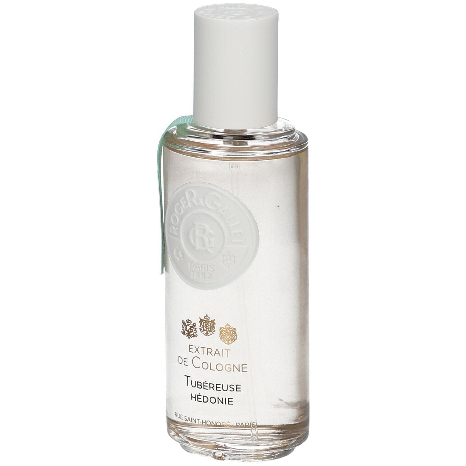 Flacon transparent avec bouchon blanc et étiquette. Inscription: Extrait de Cologne, Tubéreuse Hédonie. Marque: Roger & Gallet.