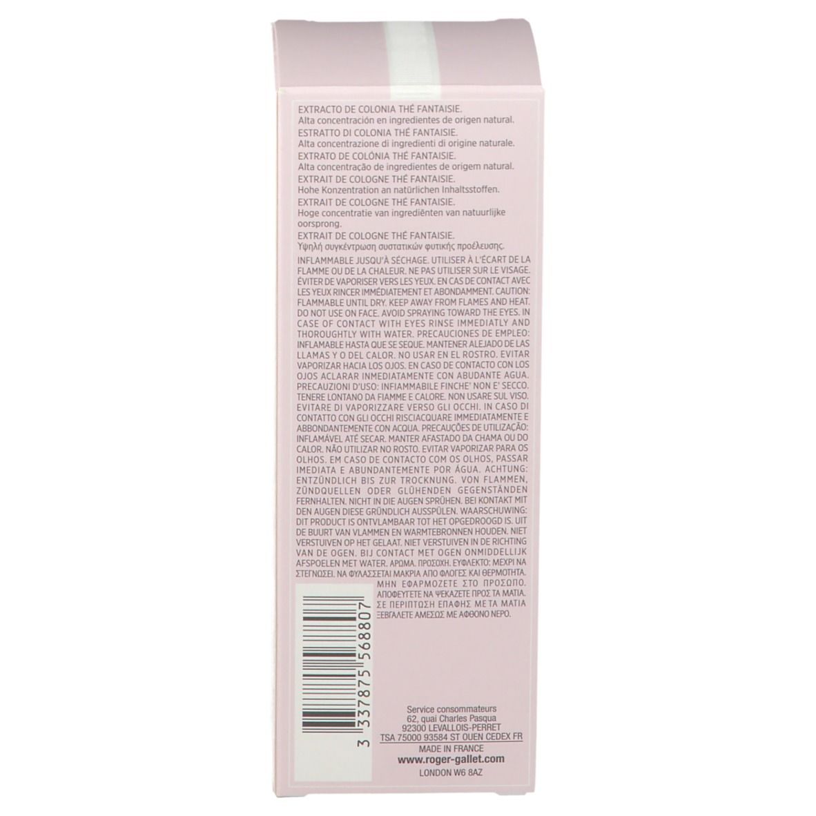 Rosa Verpackung. Text in mehreren Sprachen. 