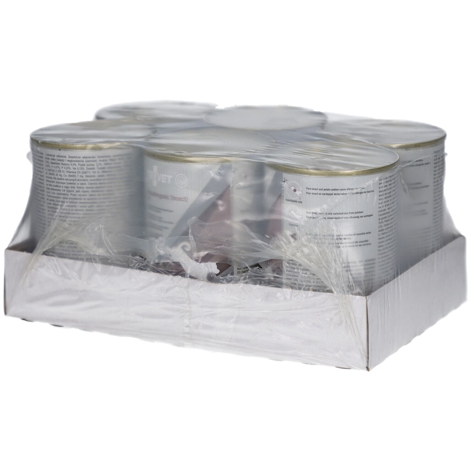 Sechs Dosen Tiernahrung in einer weißen Pappschale, mit Folie umwickelt.