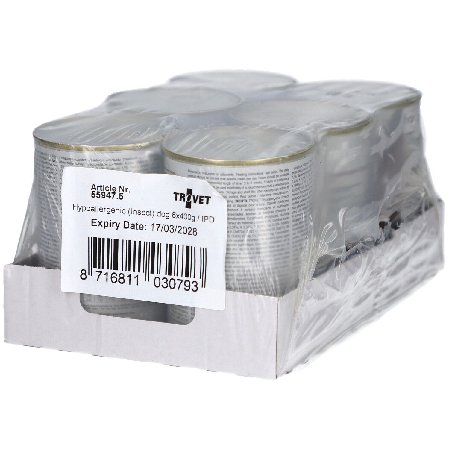 Sechs Dosen Tiernahrung in einer Pappschale, mit Etikett und Haltbarkeitsdatum.