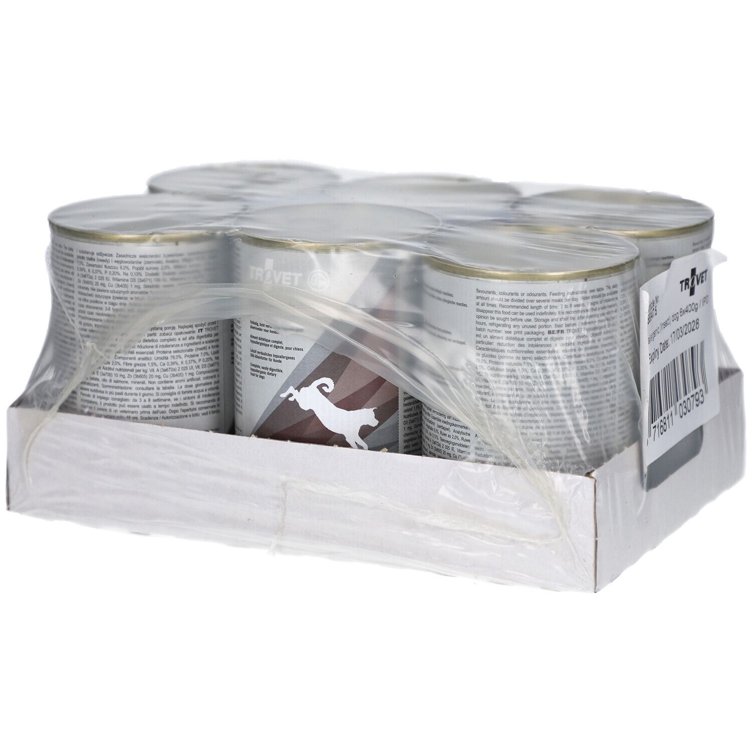 Sechs Dosen Tiernahrung in einer Pappschale, mit Folie umwickelt, mit Ziegenlogo.