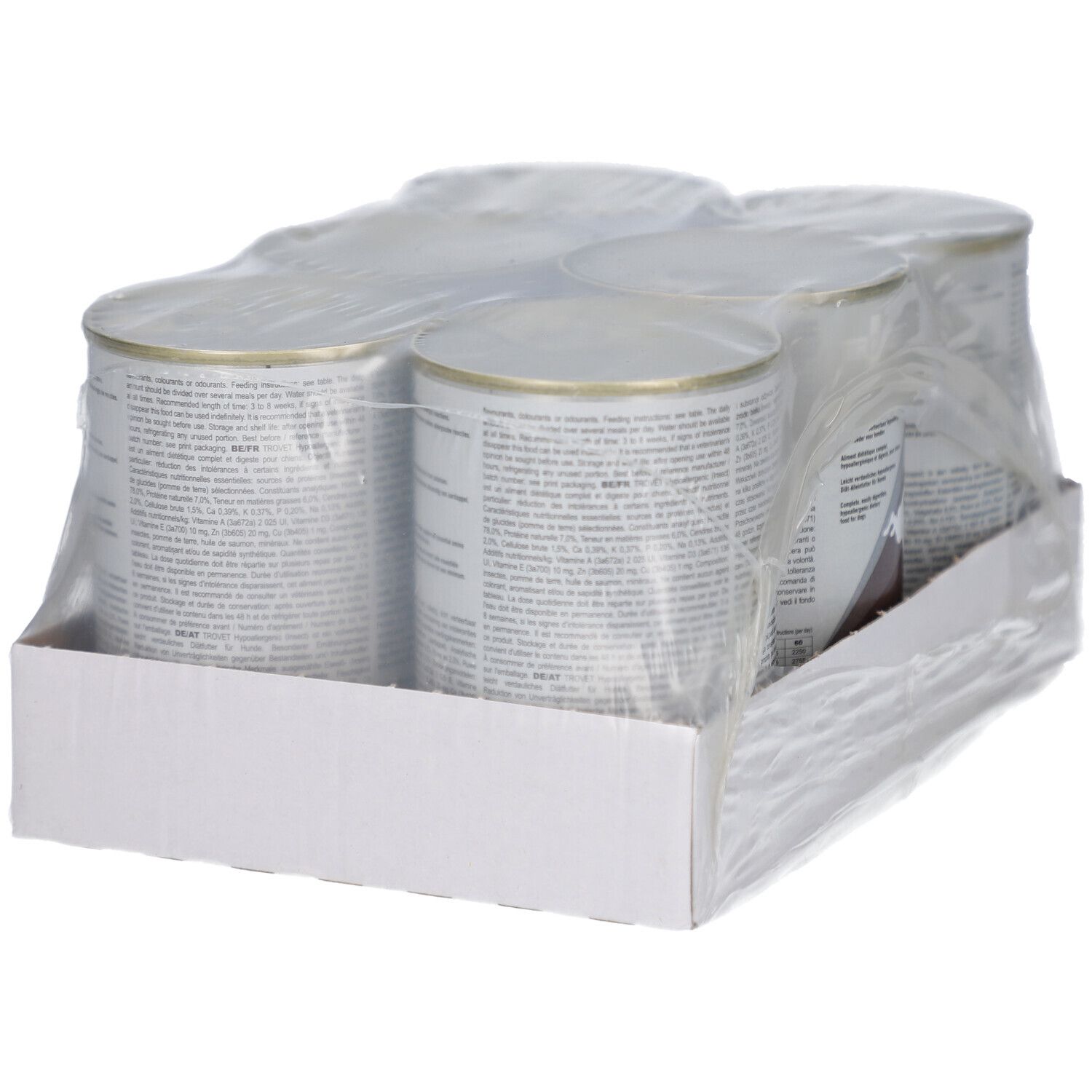 Sechs Dosen Tiernahrung in einer Pappschale, mit Folie umwickelt.