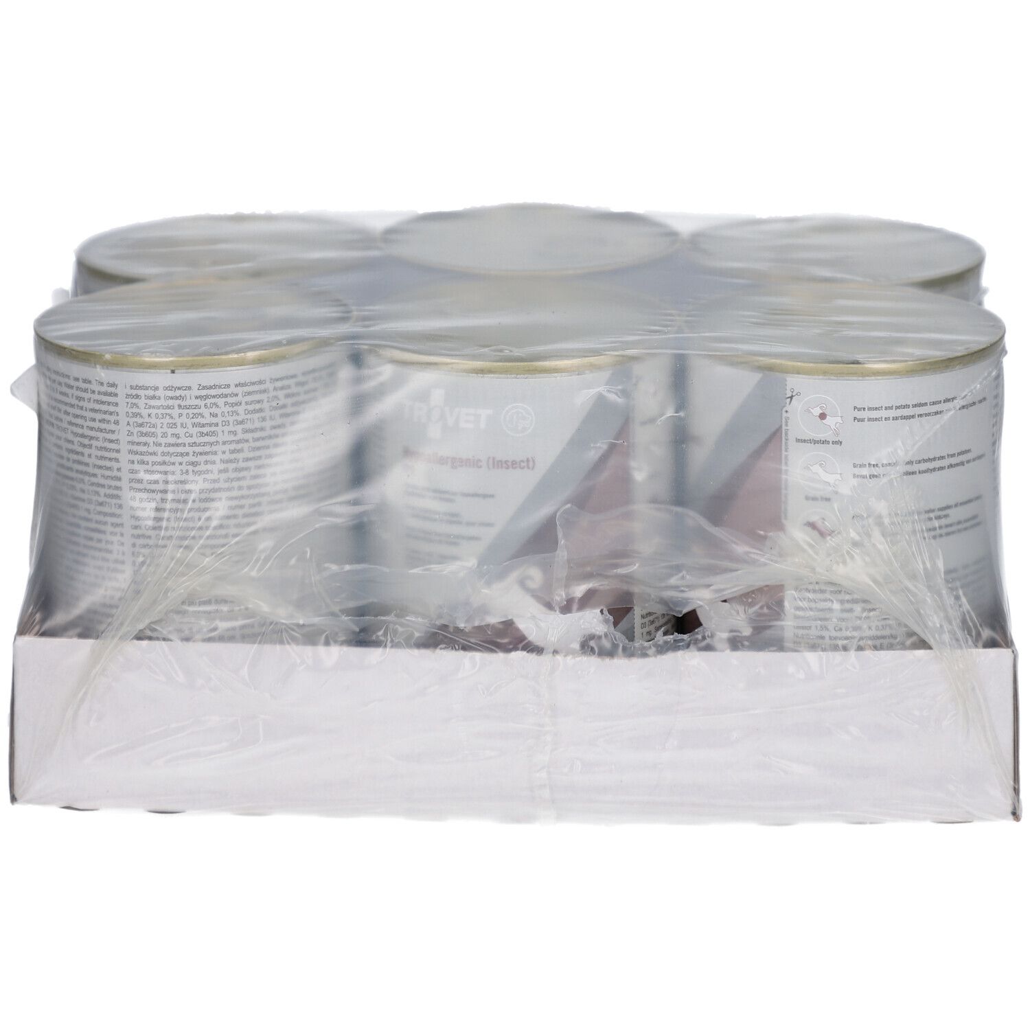 Sechs Dosen Tiernahrung in einer Pappschale, mit Folie umwickelt.