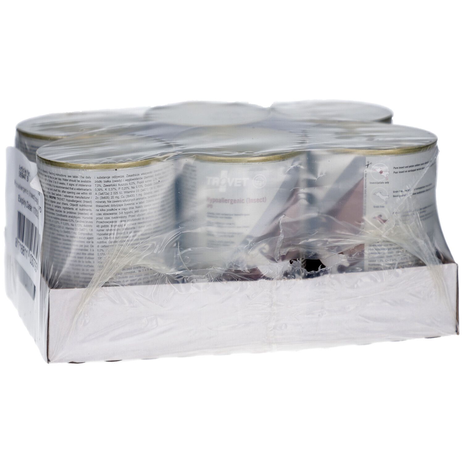 Sechs Dosen Tiernahrung in einer Pappschale, mit Folie umwickelt, mit Etikett.