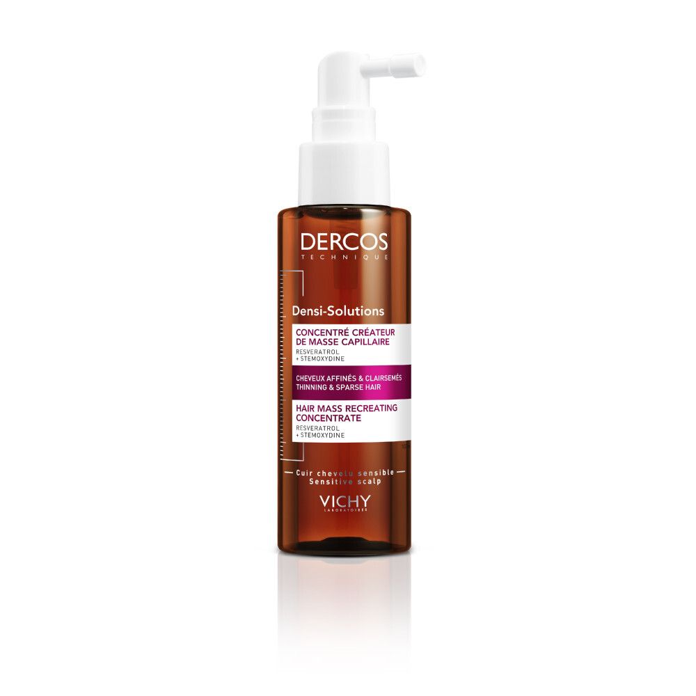 Bruine fles met witte sproeikop. Opschrift: Dercos, Densi-Solutions, Hair Mass. Vichy.