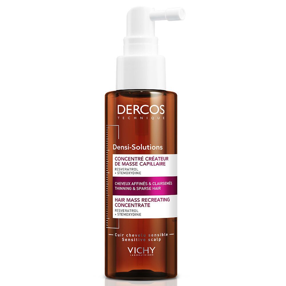 Braune Flasche mit weißem Sprühkopf. Aufschrift: Dercos, Densi-Solutions, Hair Mass. Vichy.