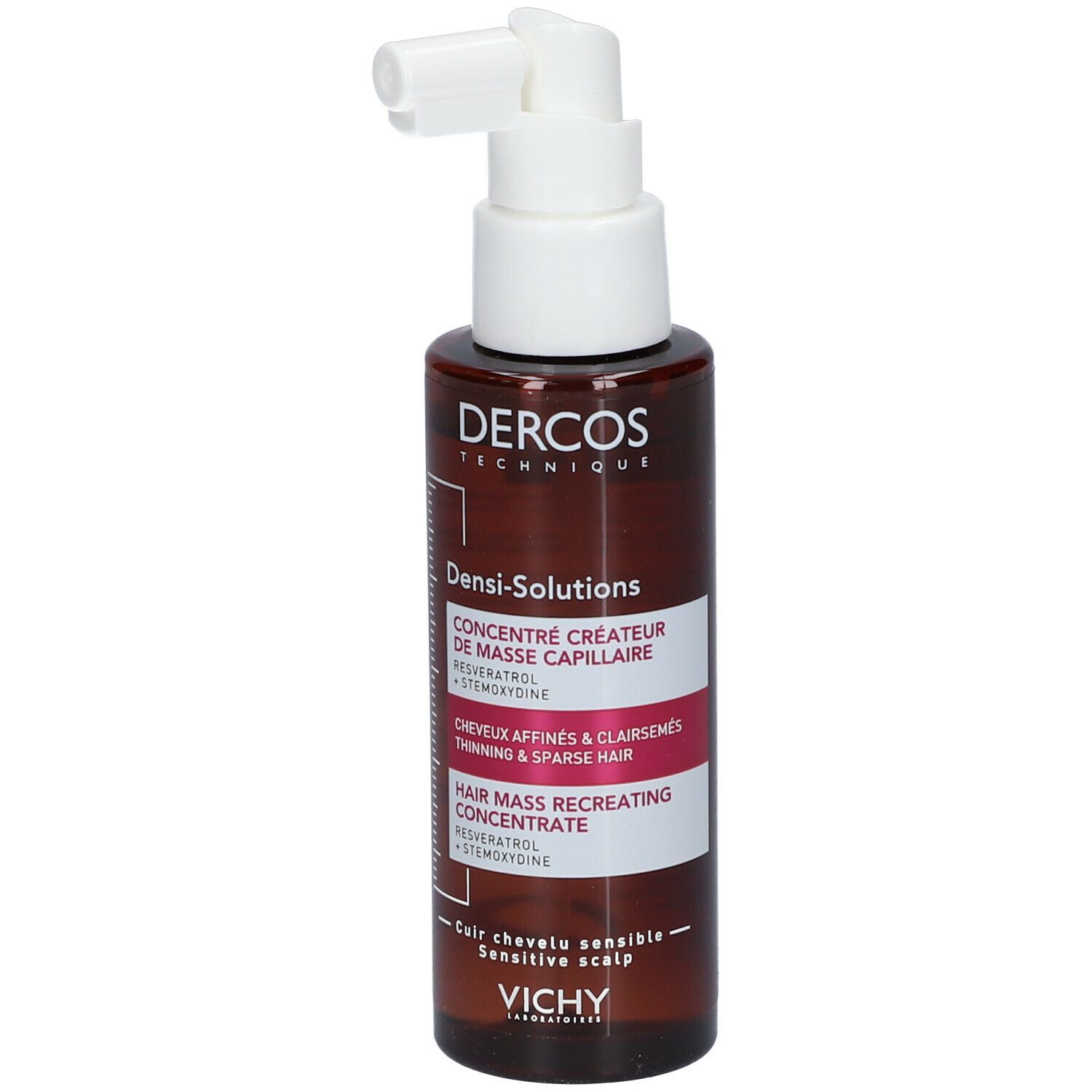 Braune Flasche mit weißem Sprühkopf. Aufschrift: Dercos, Densi-Solutions, Hair Mass. Vichy.