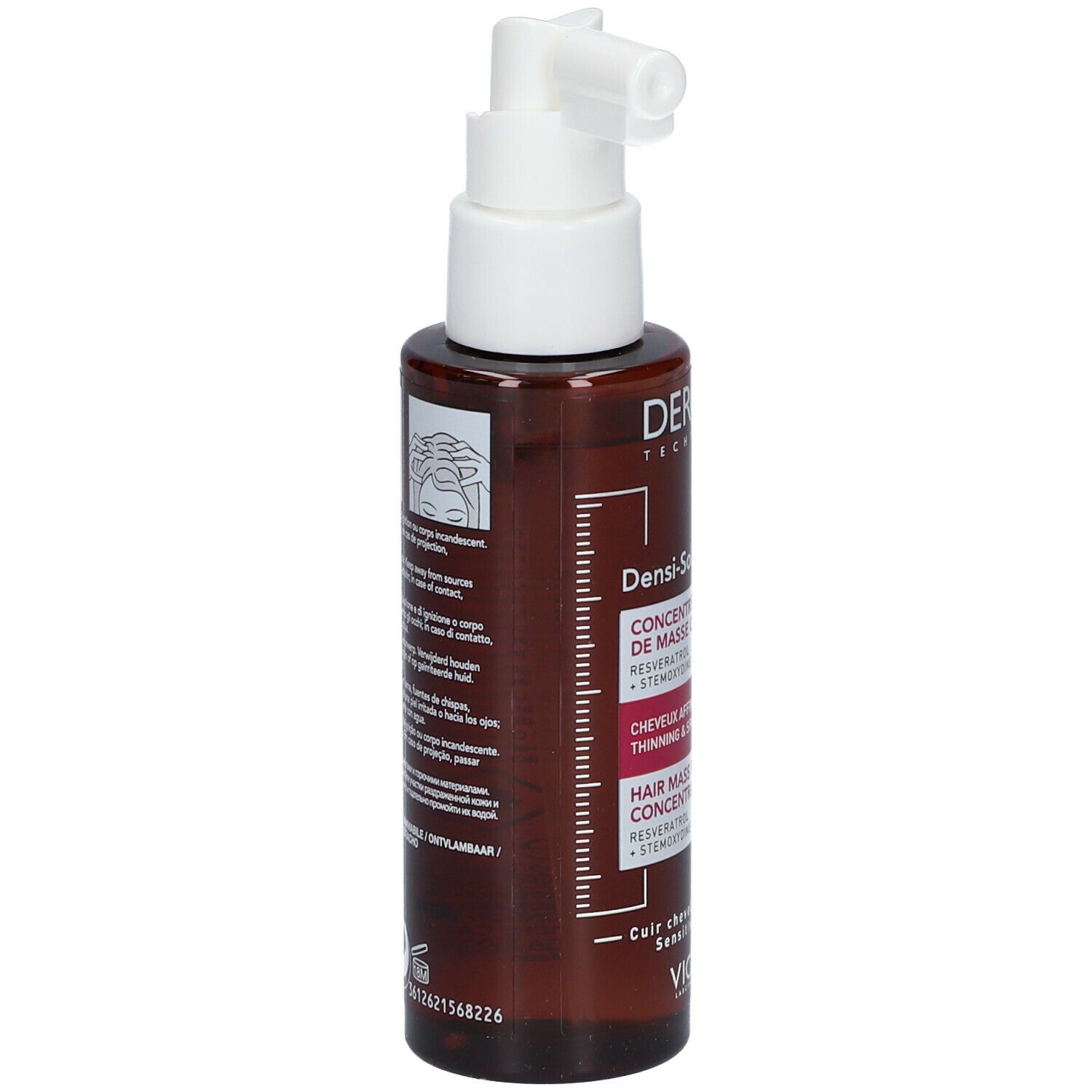 Flasche mit Text und Anwendungsanleitung. Aufschrift: Dercos, Densi-Solutions, Vichy.