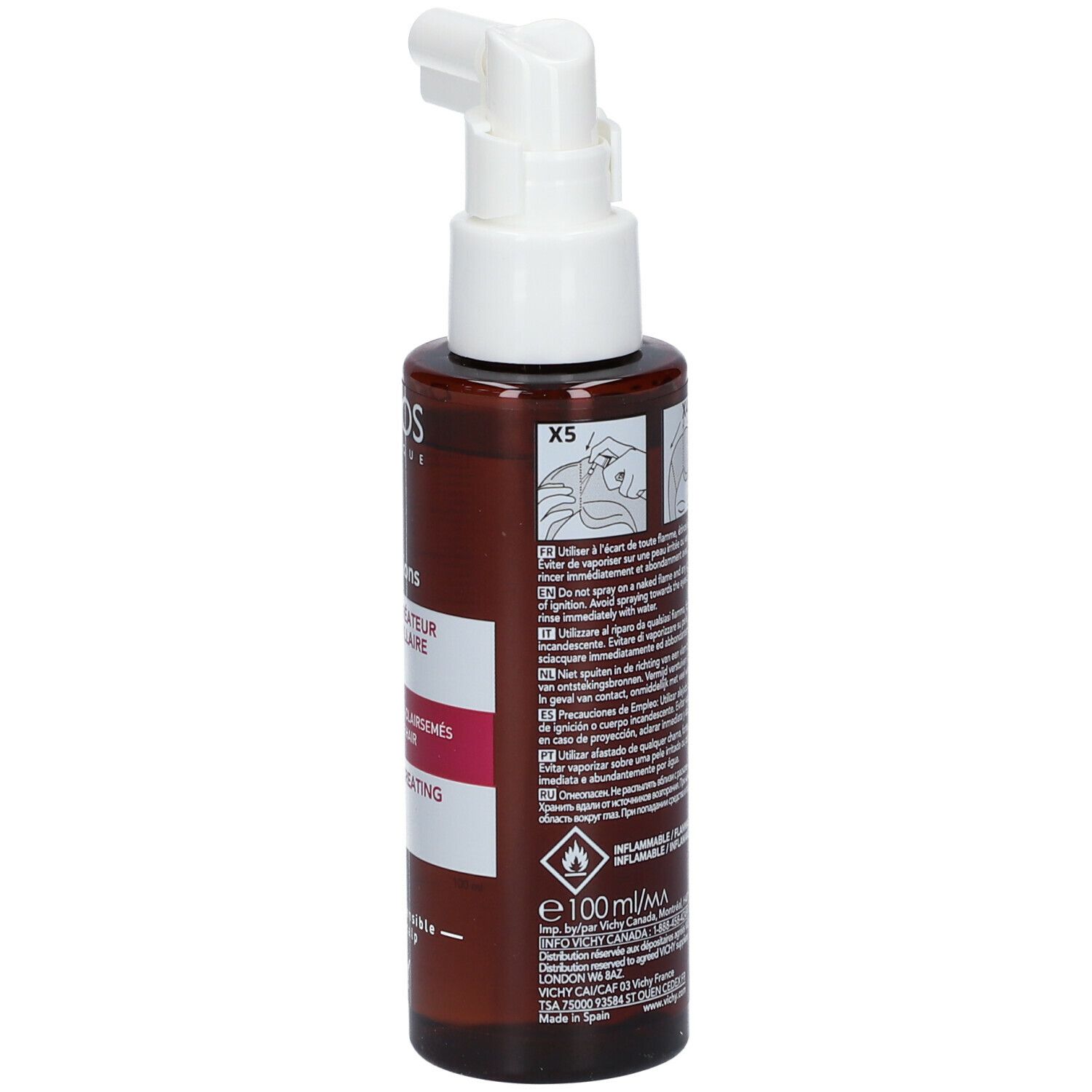 Flasche mit Text und Anwendungsanleitung. Aufschrift: Dercos, Densi-Solutions, Vichy.