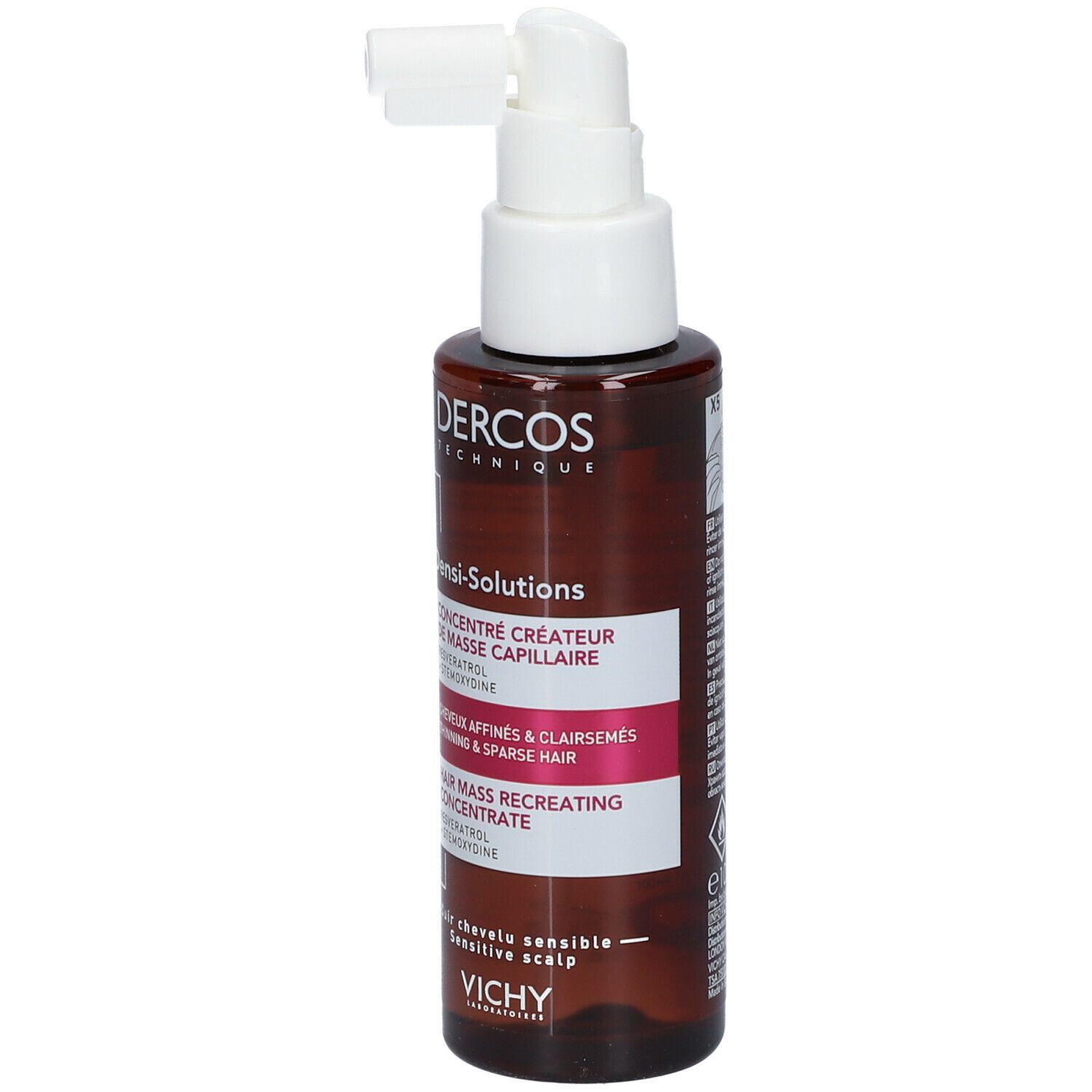 Braune Flasche mit weißem Sprühkopf. Aufschrift: Dercos, Densi-Solutions, Hair Mass. Vichy.