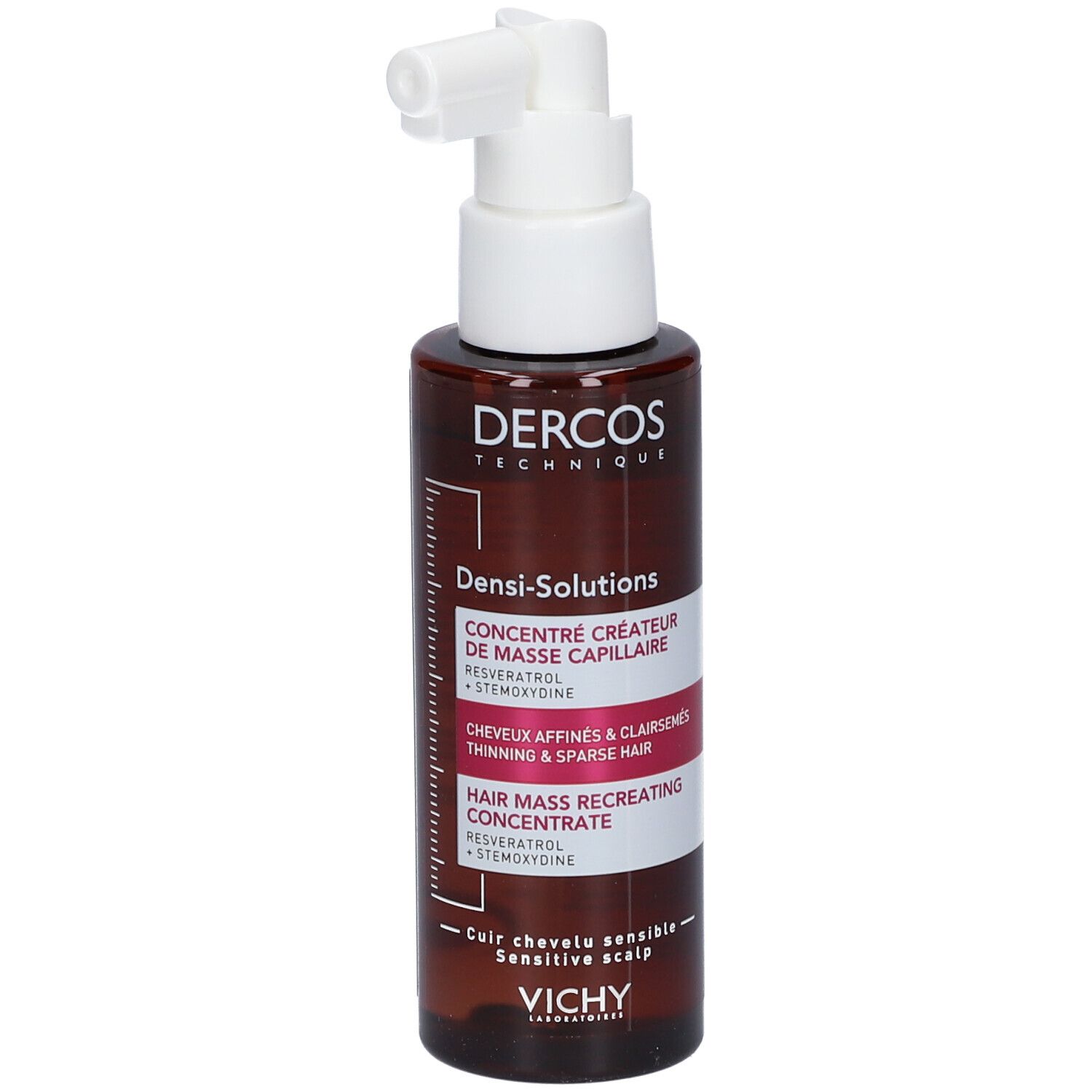 Braune Flasche mit weißem Sprühkopf. Aufschrift: Dercos, Densi-Solutions, Hair Mass. Vichy.