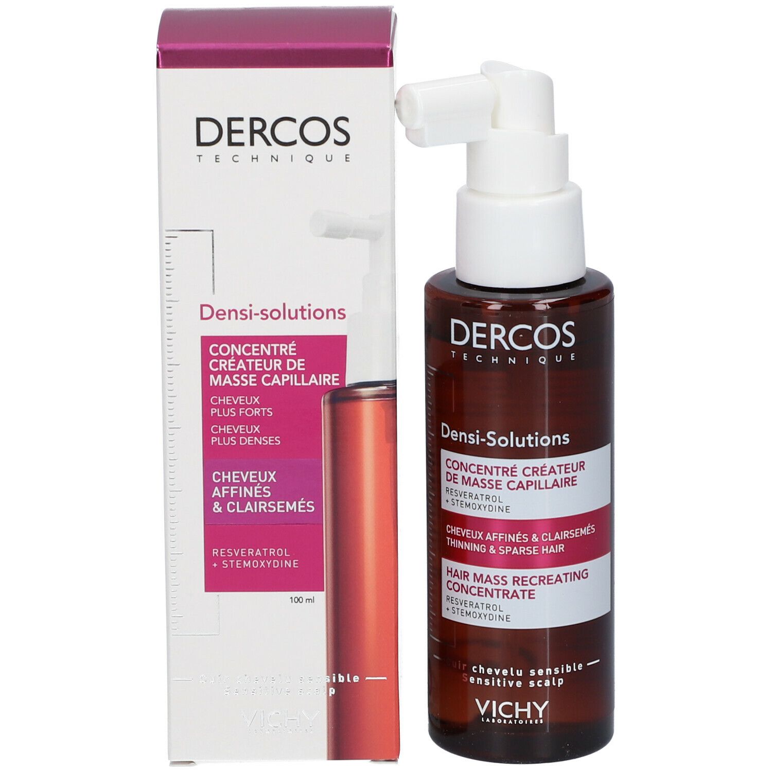 Produkt und Verpackung. Aufschrift: Dercos, Densi-Solutions, Hair Mass. Vichy.