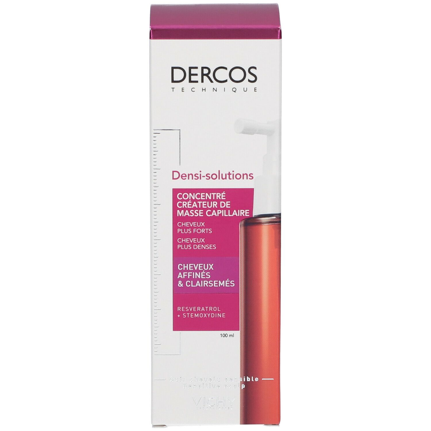 Verpackung mit Produkt. Aufschrift: Dercos, Densi-Solutions, Hair Mass. Vichy.