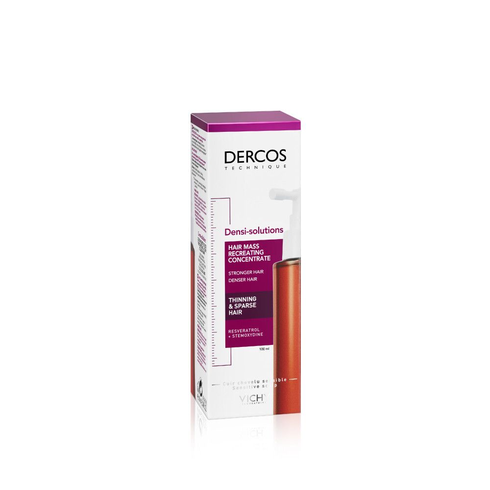 Fles met tekst en gebruiksaanwijzing. Opschrift: Dercos, Densi-Solutions, Vichy.