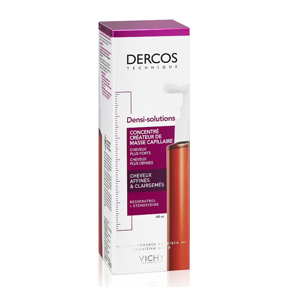 Weiße Verpackung mit Produkt und Sprühkopf. Aufschrift: Dercos, Densi-Solutions, Hair Mass. Vichy.