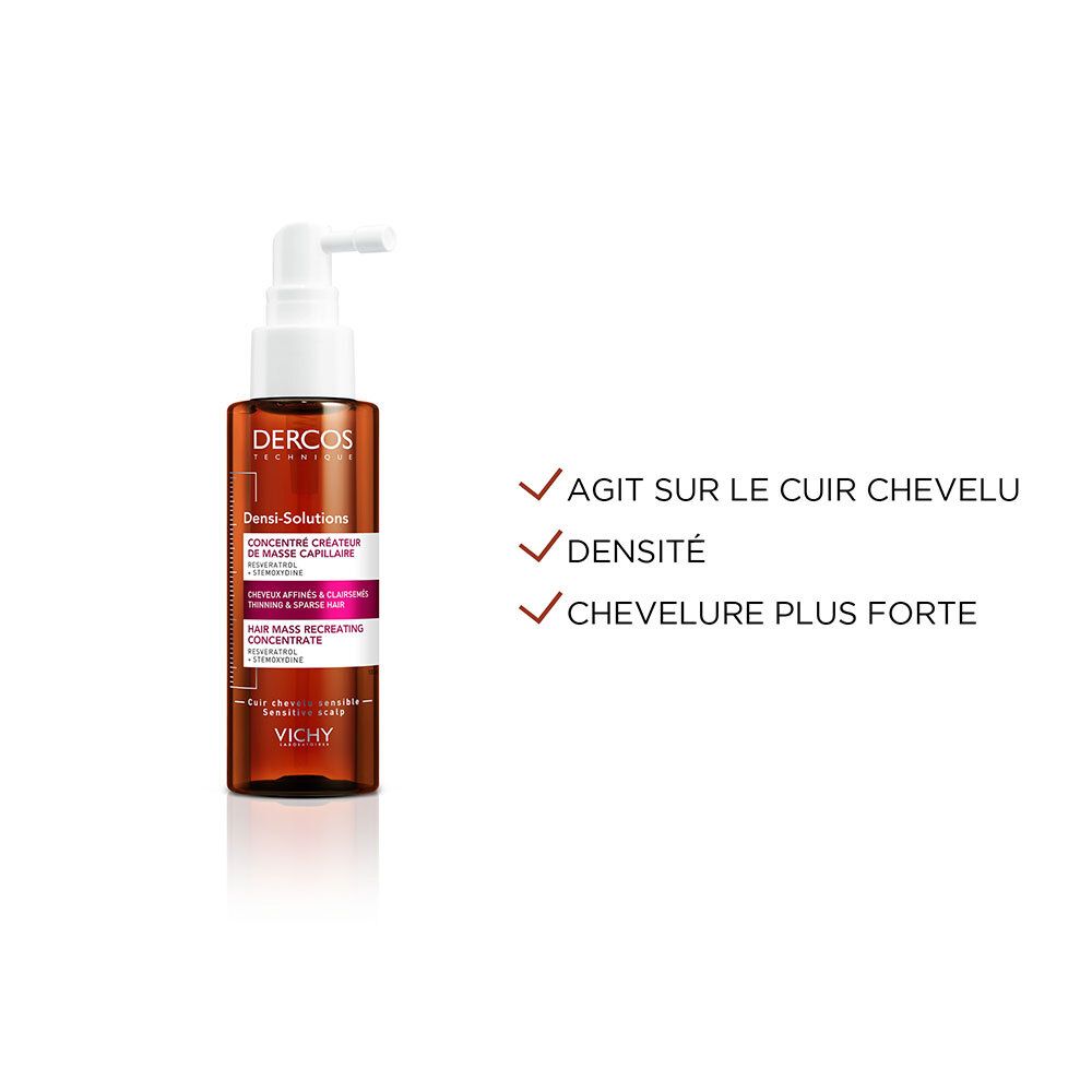 Produkt mit Text: Agit sur le cuir chevelu, Densité, Chevelure plus forte. Vichy.
