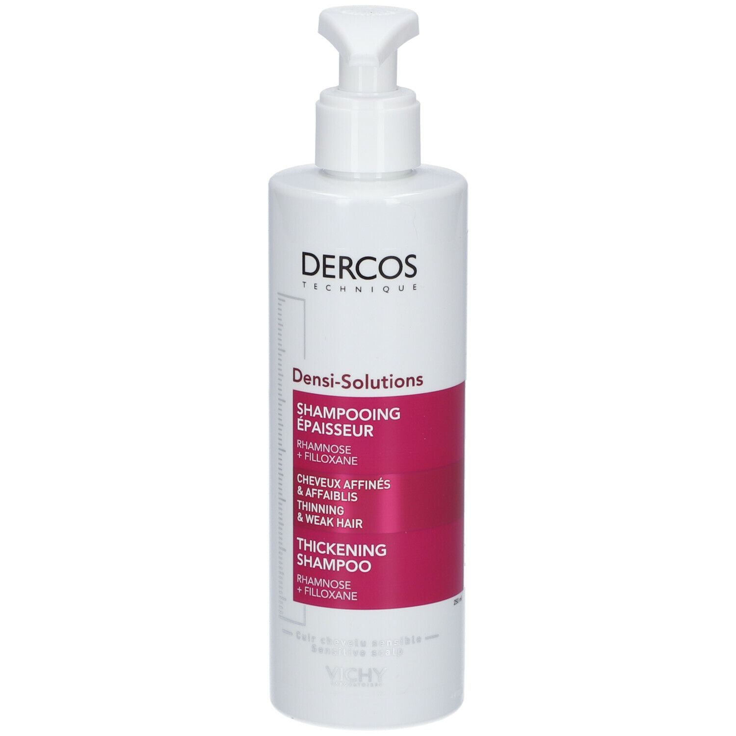 Witte shampoo fles met pomp. Opschrift: Dercos Densi-Solutions. Paars etiket met productinformatie.