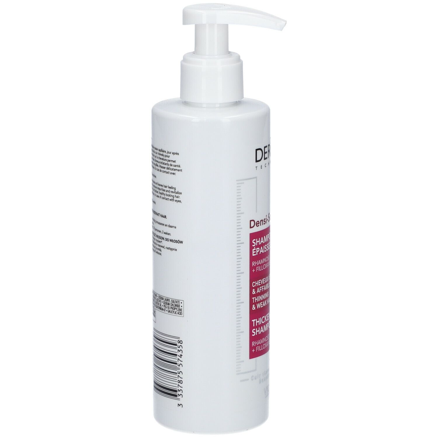 Achterkant van een witte shampoo fles. Tekstinformatie en barcode. Fabrikant informatie.
