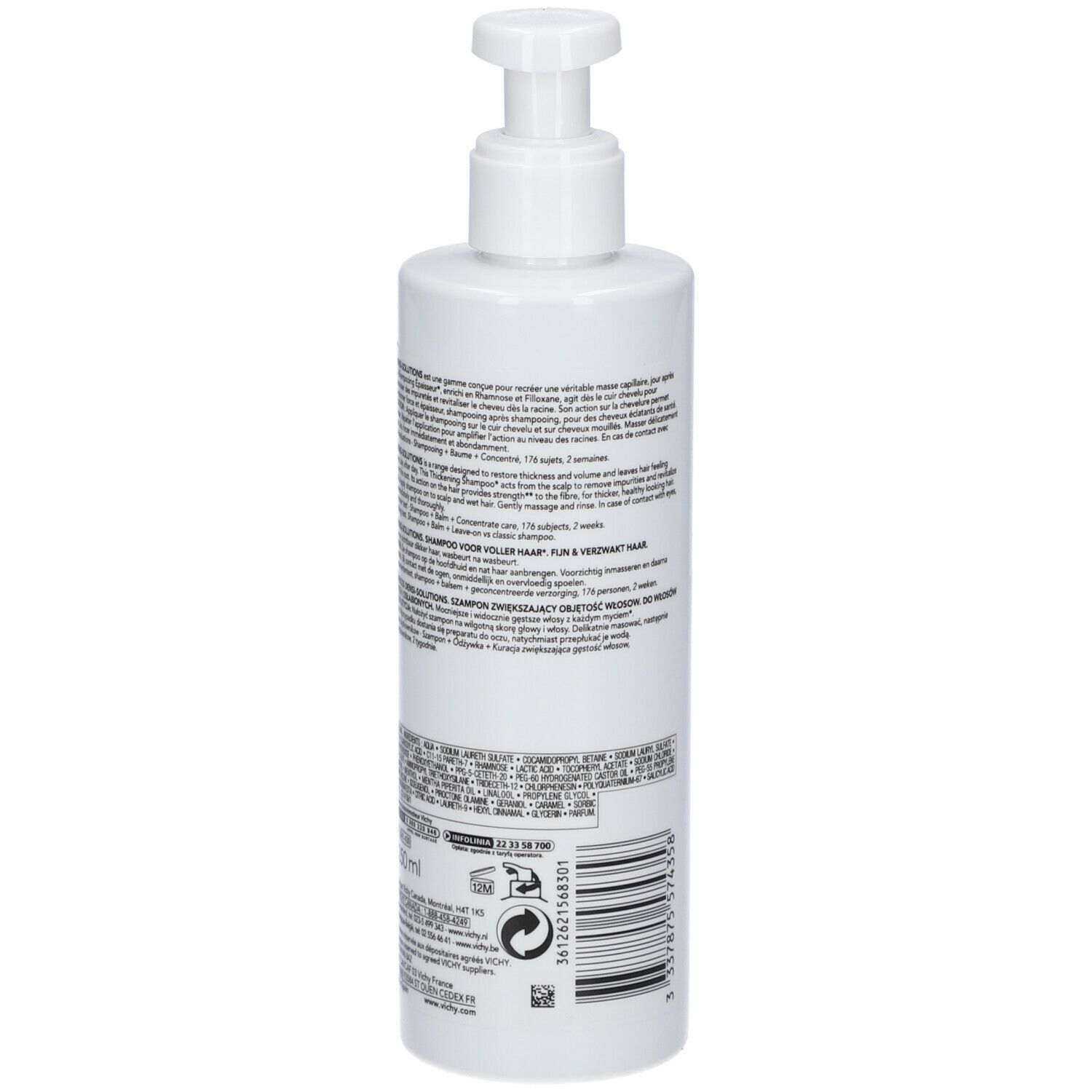 Achterkant van een witte shampoo fles. Tekstinformatie en barcode. Fabrikant informatie.