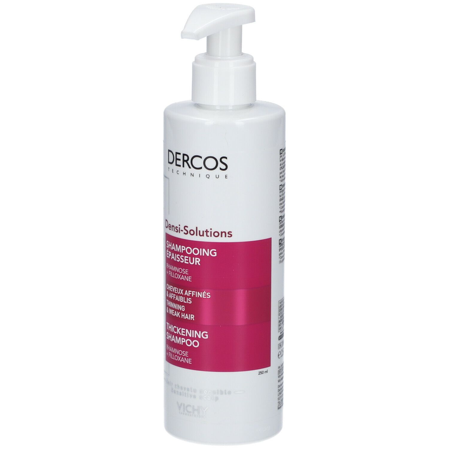 Witte shampoo fles met pomp. Opschrift: Dercos Densi-Solutions. Paars etiket met productinformatie.