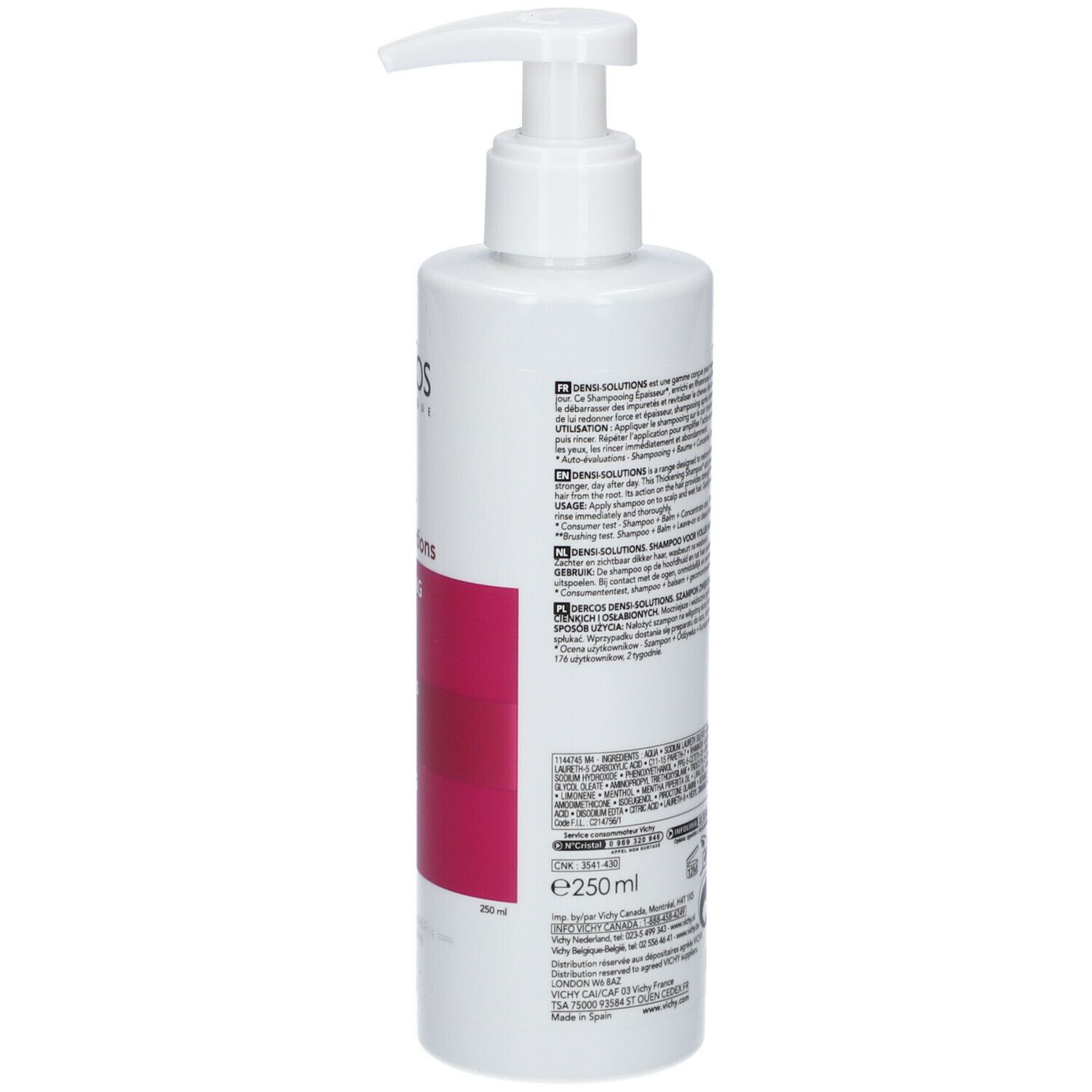 Witte shampoo fles met pomp. Opschrift: Dercos Densi-Solutions. Paars etiket met productinformatie.