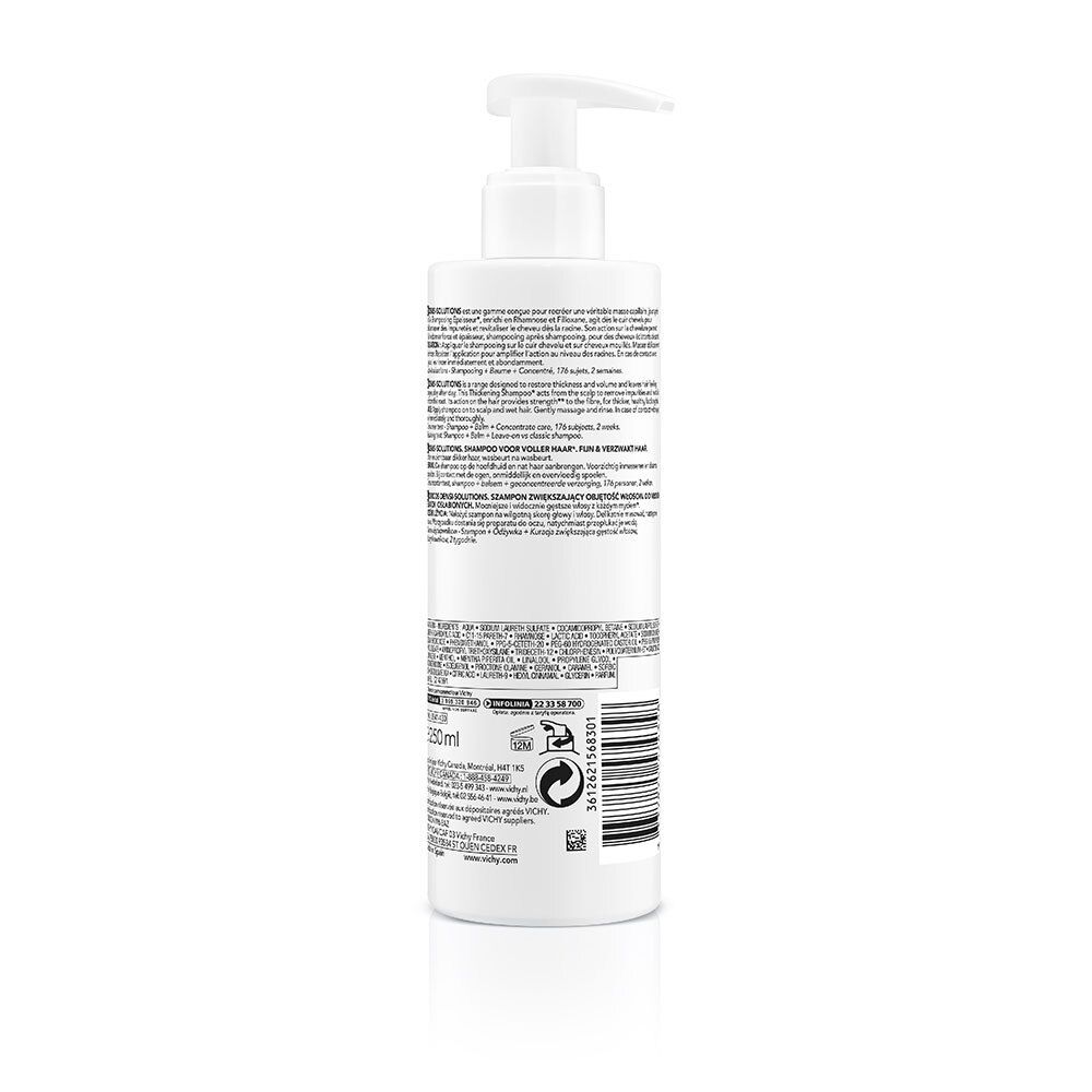 Achterkant van een witte shampoo fles. Tekstinformatie en barcode. Fabrikant informatie.