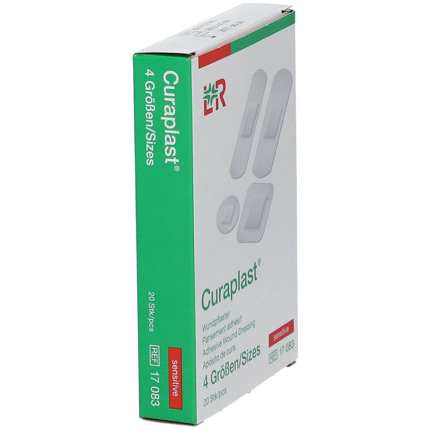 Zijaanzicht van de Curaplast® sensitiv verpakking. Tekst: 4 maten/Sizes, 20 st/pcs, sensitive.
