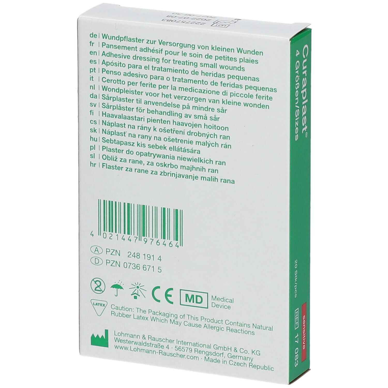 Achterkant van de Curaplast® sensitiv verpakking. Meertalige tekst, waaronder Duits, Frans, Italiaans.