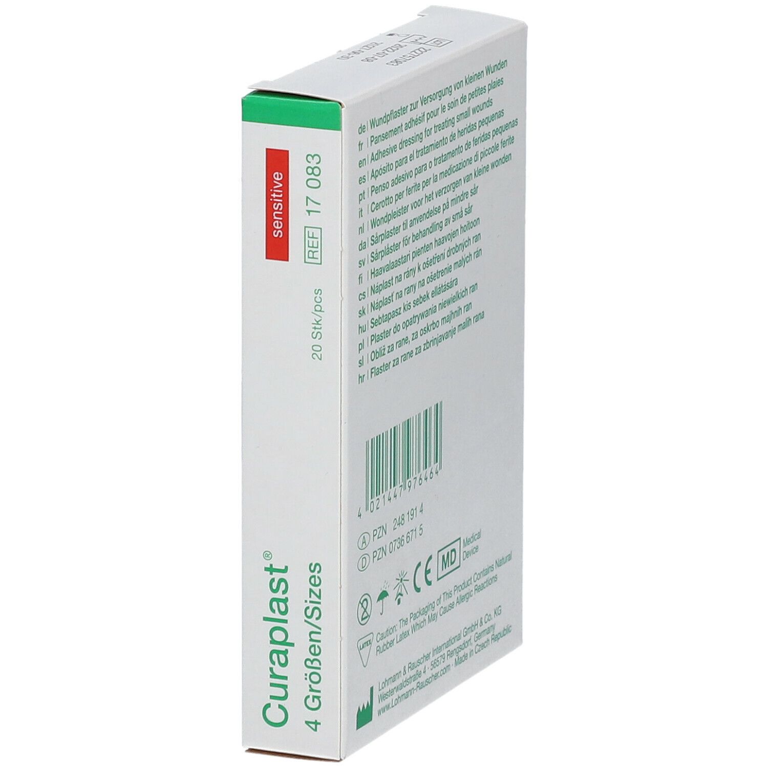 Zijaanzicht van de Curaplast® sensitiv verpakking. Tekst: 4 maten/Sizes, 20 st/pcs, sensitive.