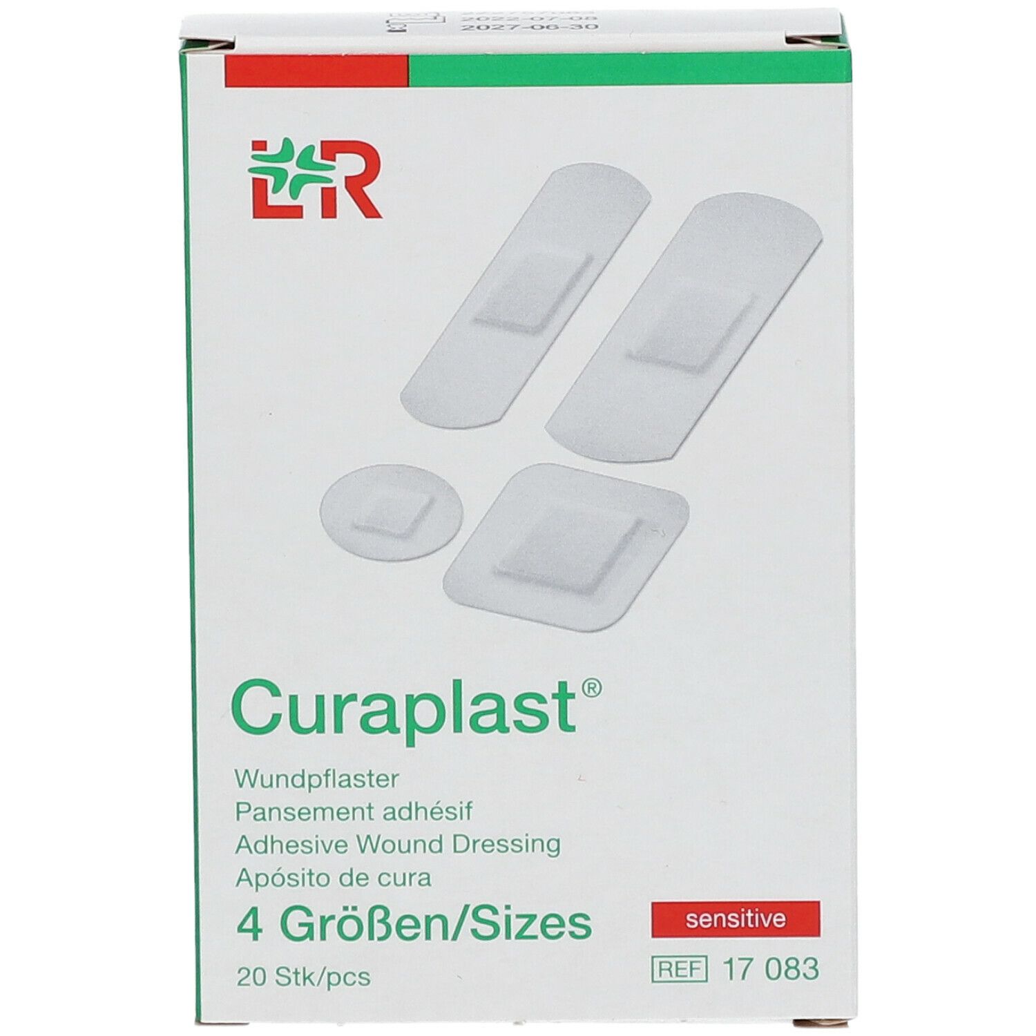Vooraanzicht van de Curaplast® sensitiv verpakking. Pleisters in verschillende vormen zichtbaar.