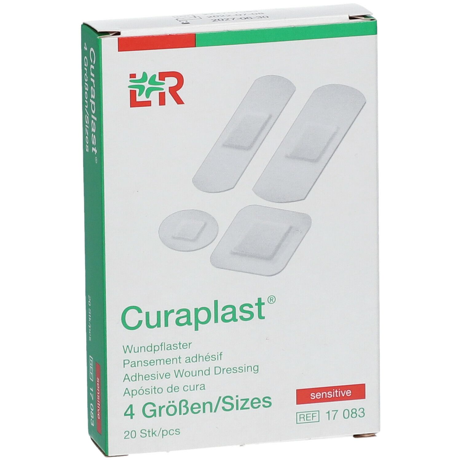 Vooraanzicht van de Curaplast® sensitiv verpakking. Pleisters in verschillende vormen zichtbaar.