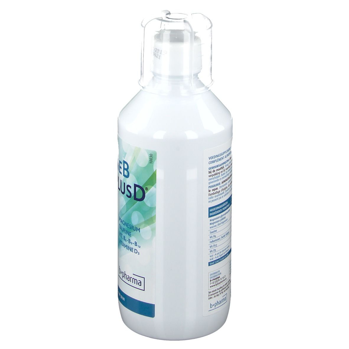 Weißliche Flasche mit MAGNEB PLUS D LIQUID-Etikett. Enthält Magnesium, Taurin, Vitamine B6, B12, D. b+pharma Logo.
