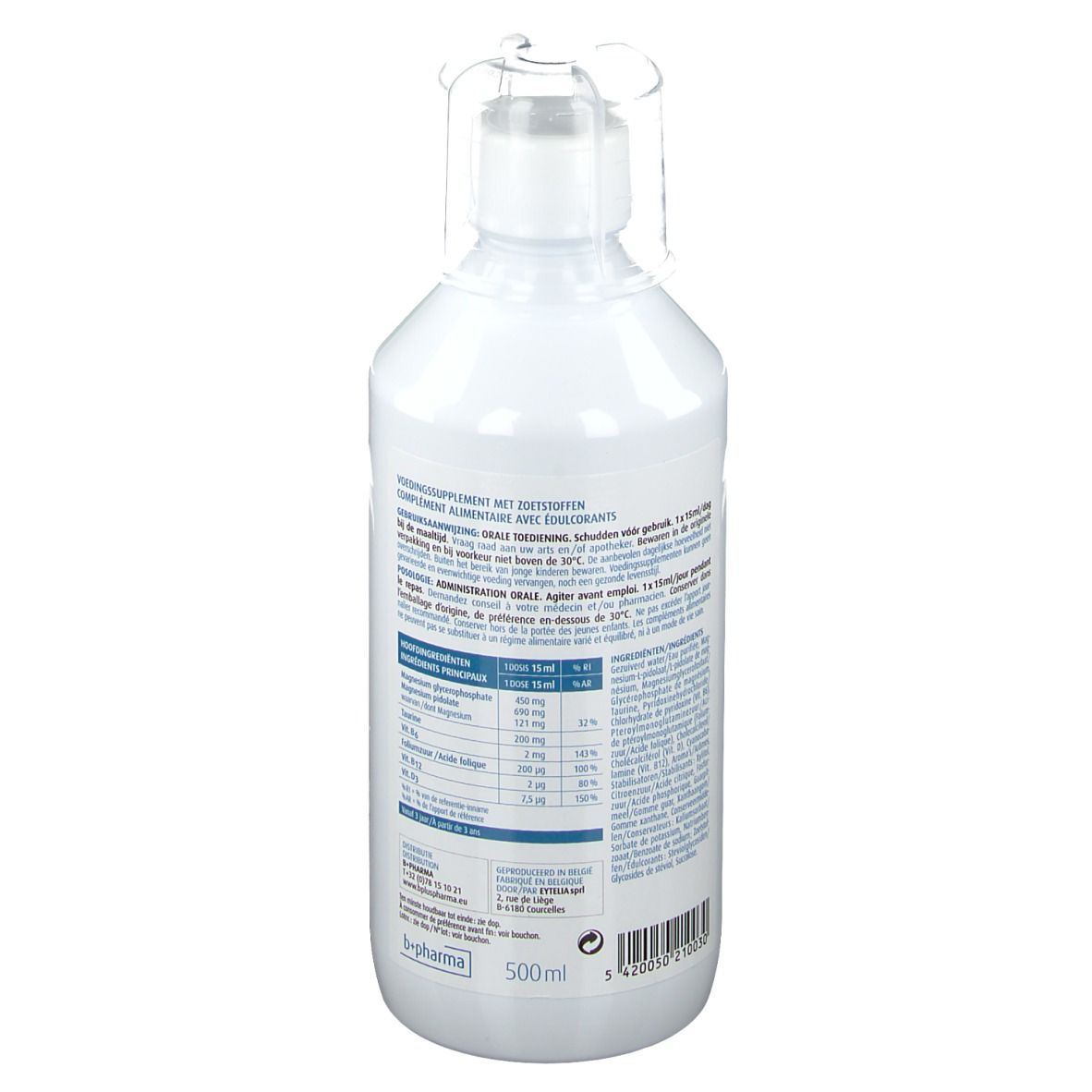 Rückseite einer weißen Flasche. Enthält Informationen zu Inhaltsstoffen und Nährwerten. 500ml. b+pharma Logo.