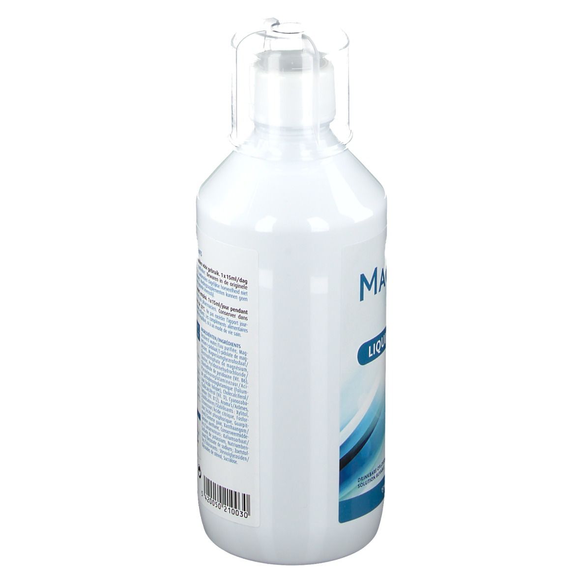 Weiße Flasche mit MAGNEB PLUS D LIQUID-Etikett. Enthält Magnesium, Taurin, Vitamine B6, B12, D. b+pharma Logo.
