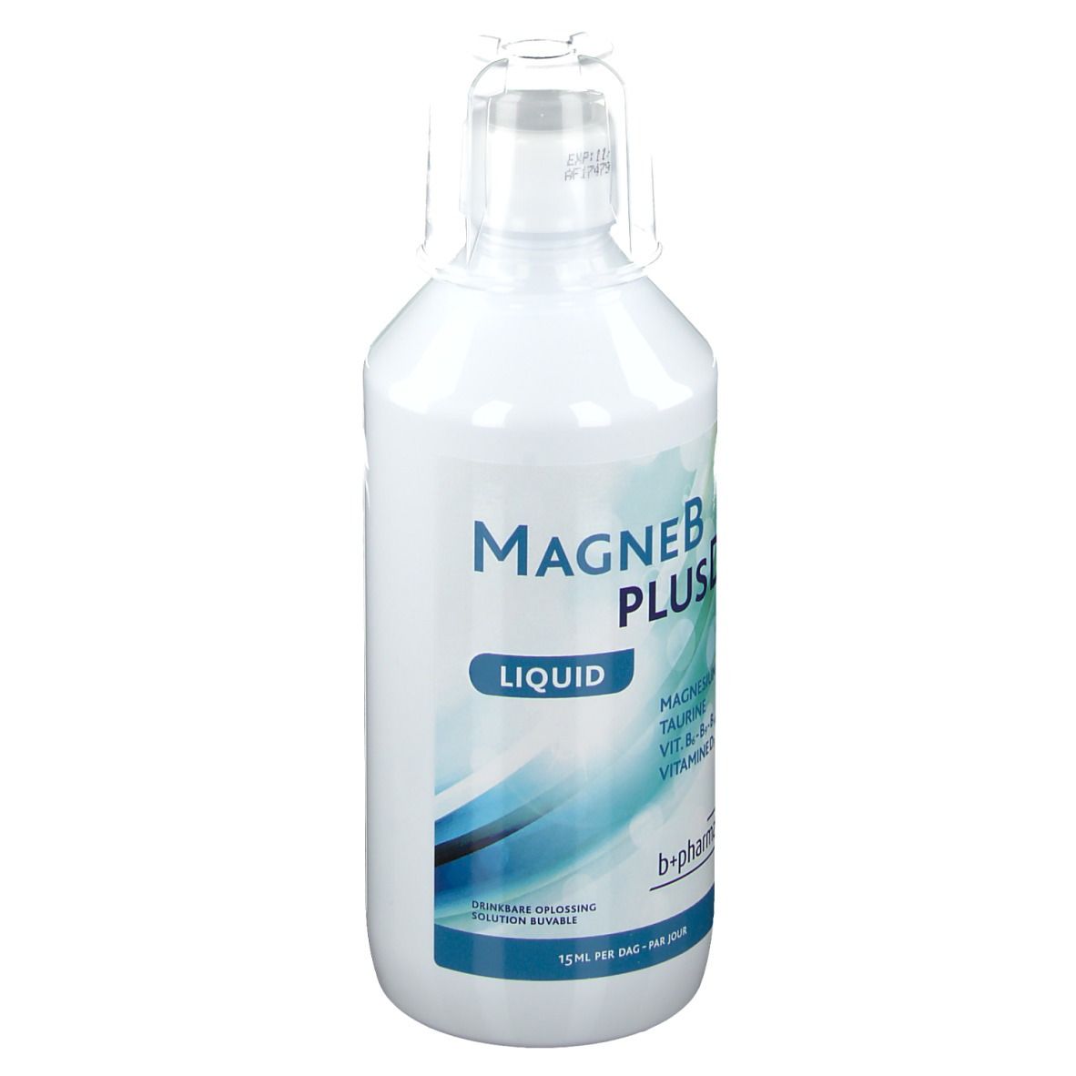 Weißliche Flasche mit MAGNEB PLUS D LIQUID-Etikett. Enthält Magnesium, Taurin, Vitamine B6, B12, D. b+pharma Logo.