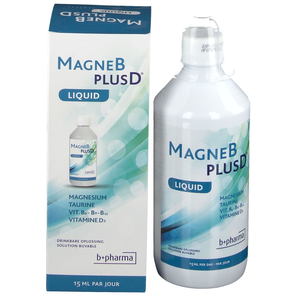Produktverpackung mit Flasche MAGNEB PLUS D LIQUID. Enthält Magnesium, Taurin, Vitamine B6, B12, D. b+pharma Logo.