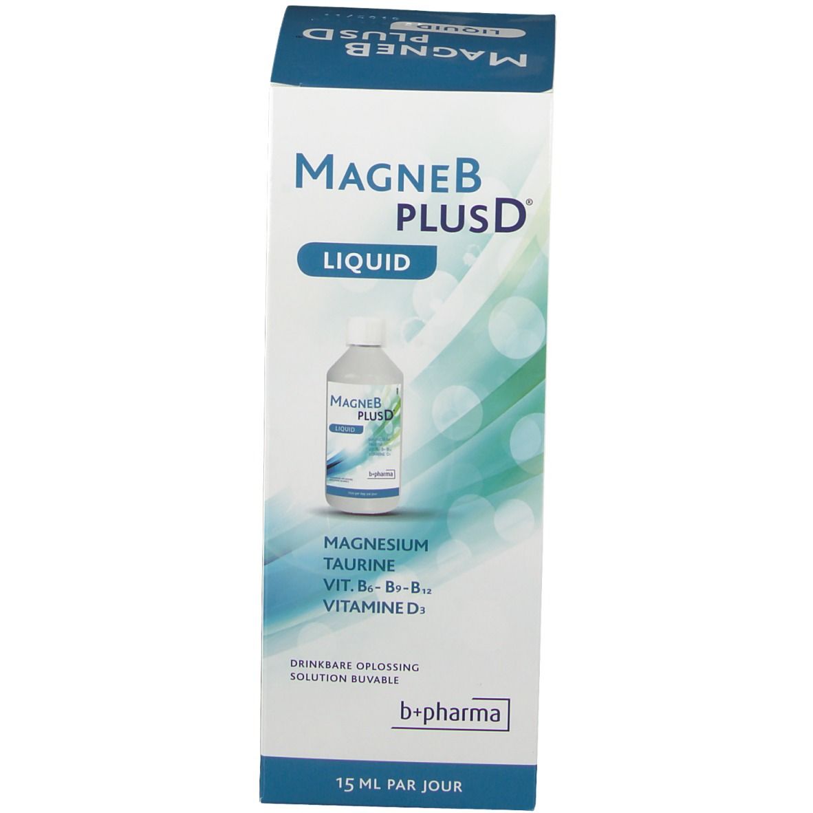 Produktverpackung mit Flasche MAGNEB PLUS D LIQUID. Enthält Magnesium, Taurin, Vitamine B6, B12, D. b+pharma Logo.