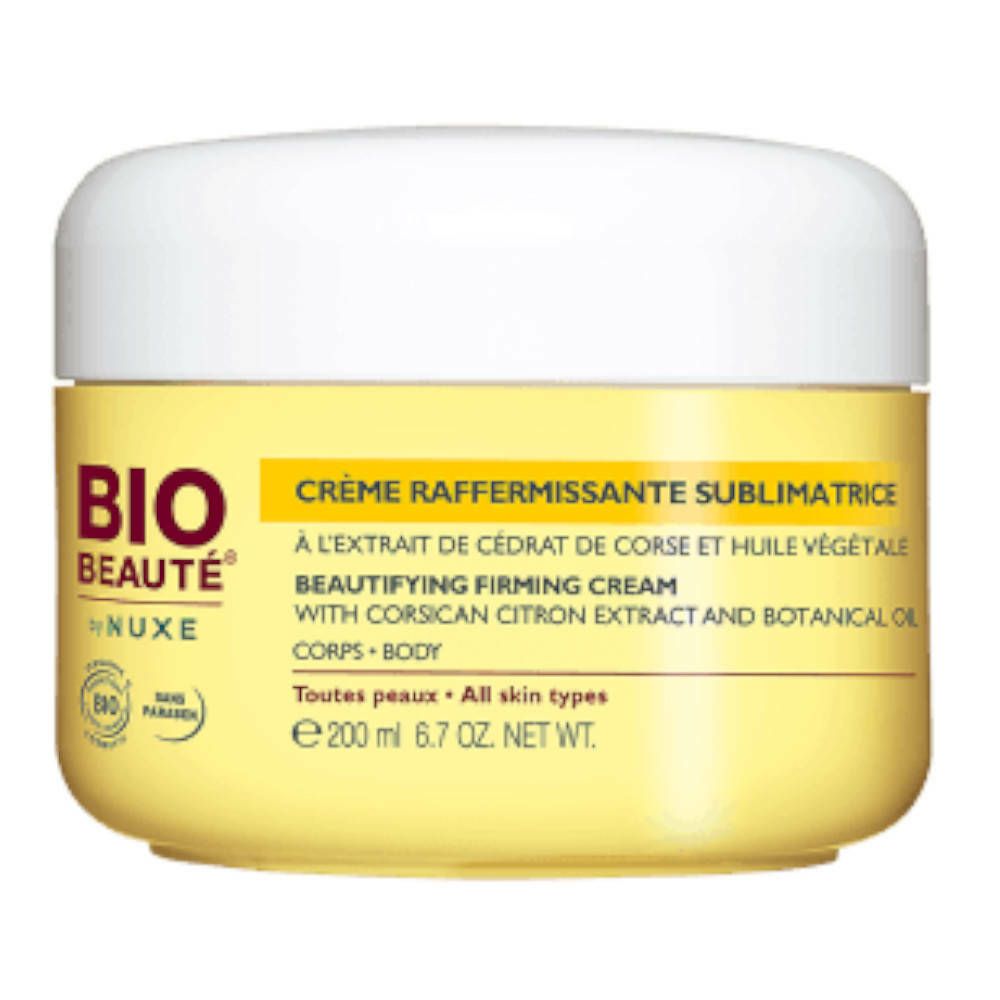 Gelbe Dose mit weißem Deckel. Aufschrift BIO BEAUTÉ by NUXE. Text: Crème Raffermissante Sublimatrice. Mit Bio-Siegel.