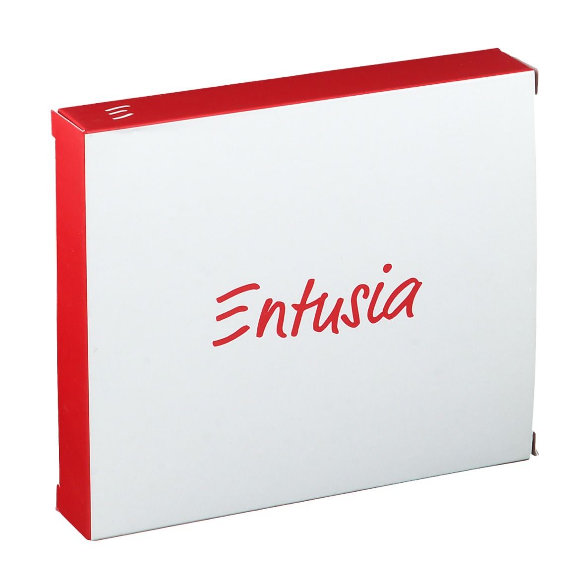 Boîte blanche avec couvercle rouge et inscription rouge "Entusia".