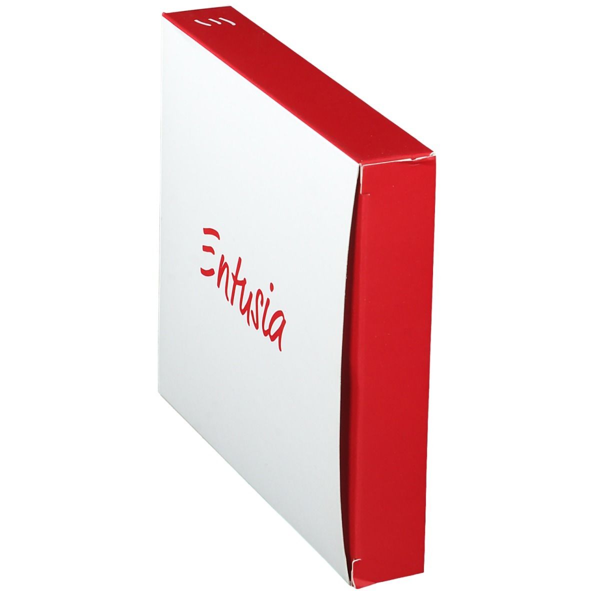 Boîte blanche à bord rouge, inscription "Entusia".
