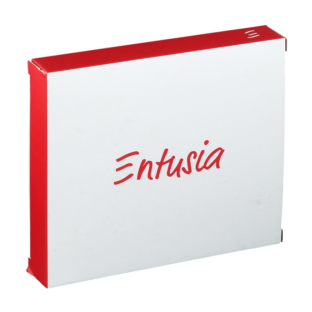 Boîte blanche avec couvercle rouge et inscription rouge "Entusia".